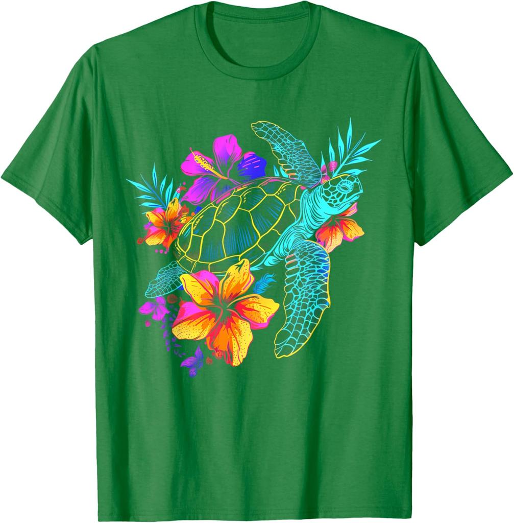 Sea Turtle Hawaiian Flowers Graphic T-Shirt Breathable Cotton Casual Trip Tee for Men