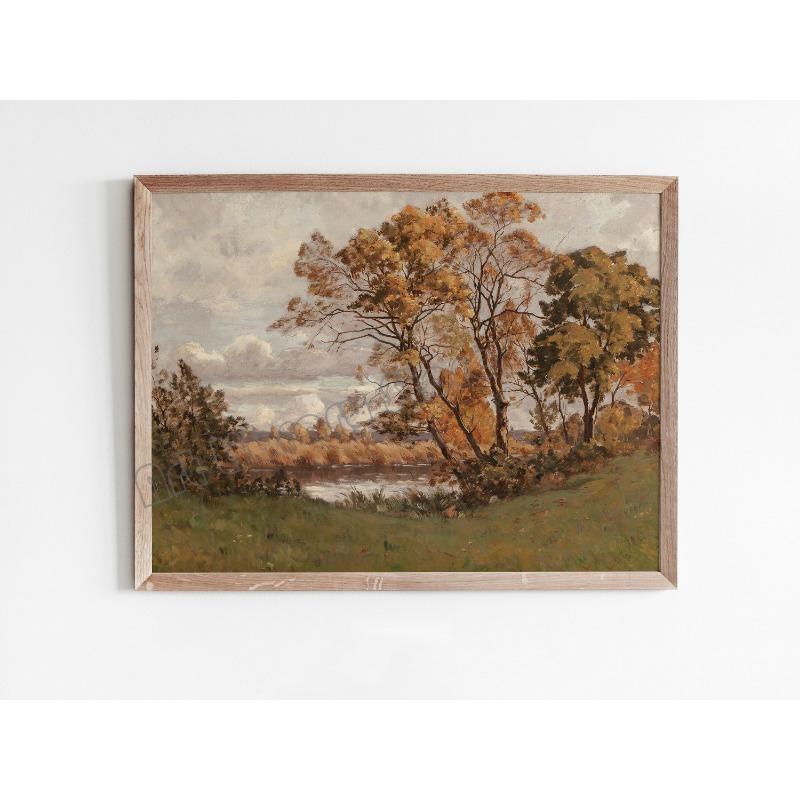 Vintage Warm Tone Autumn Landscape Trees Mid Century Canvas Oil Painting Poster Wall Art Pictures Cozy Home Room Decor