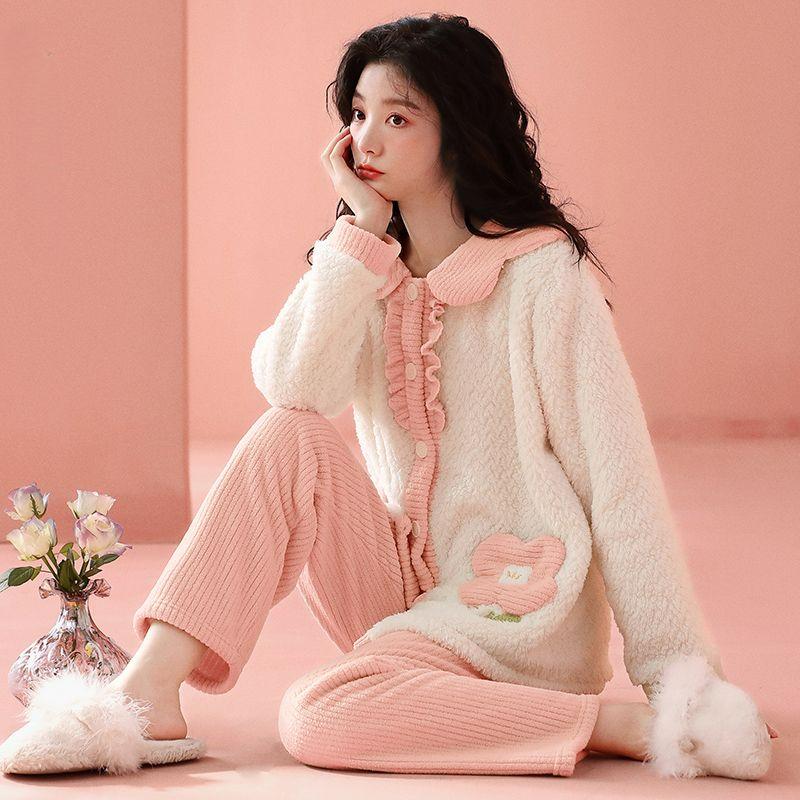 Coral Velvet Pajama Lady Autumn Winter Thickened Sweet Pure Wind Warm Flannel Luxury Outing Home Wear Set Comfortable Antistatic