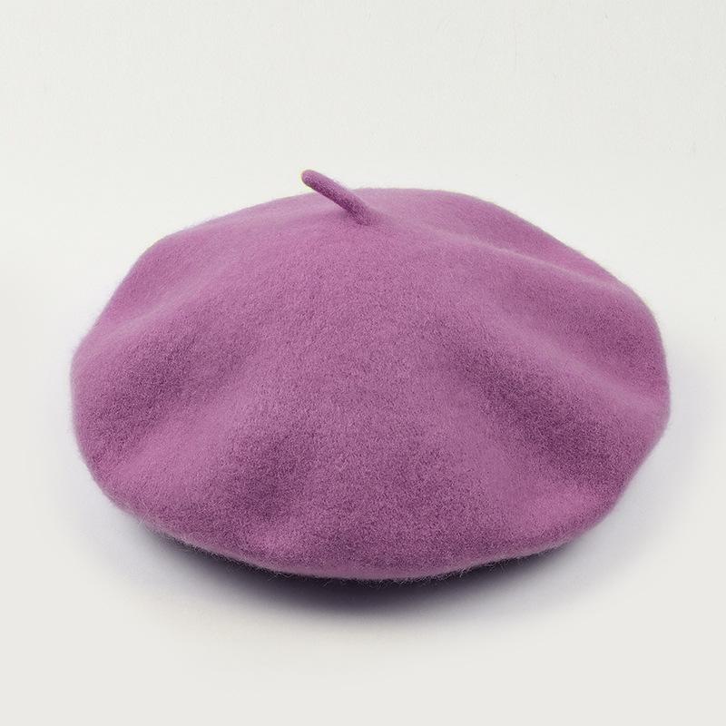 Dámský fialový vlněný baret: Klobouk se širokou krempou, Vintage britský, korejský a japonský styl pro podzim/zimu