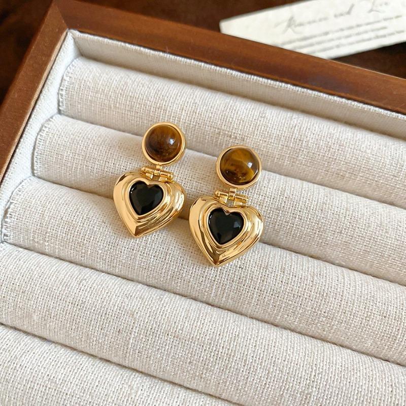 Silver Needle Explosive Tiger's Eye Stone Pendant Earrings Maillard Retro Temperament Versatile Earrings Light Luxury Premium Earrings Women