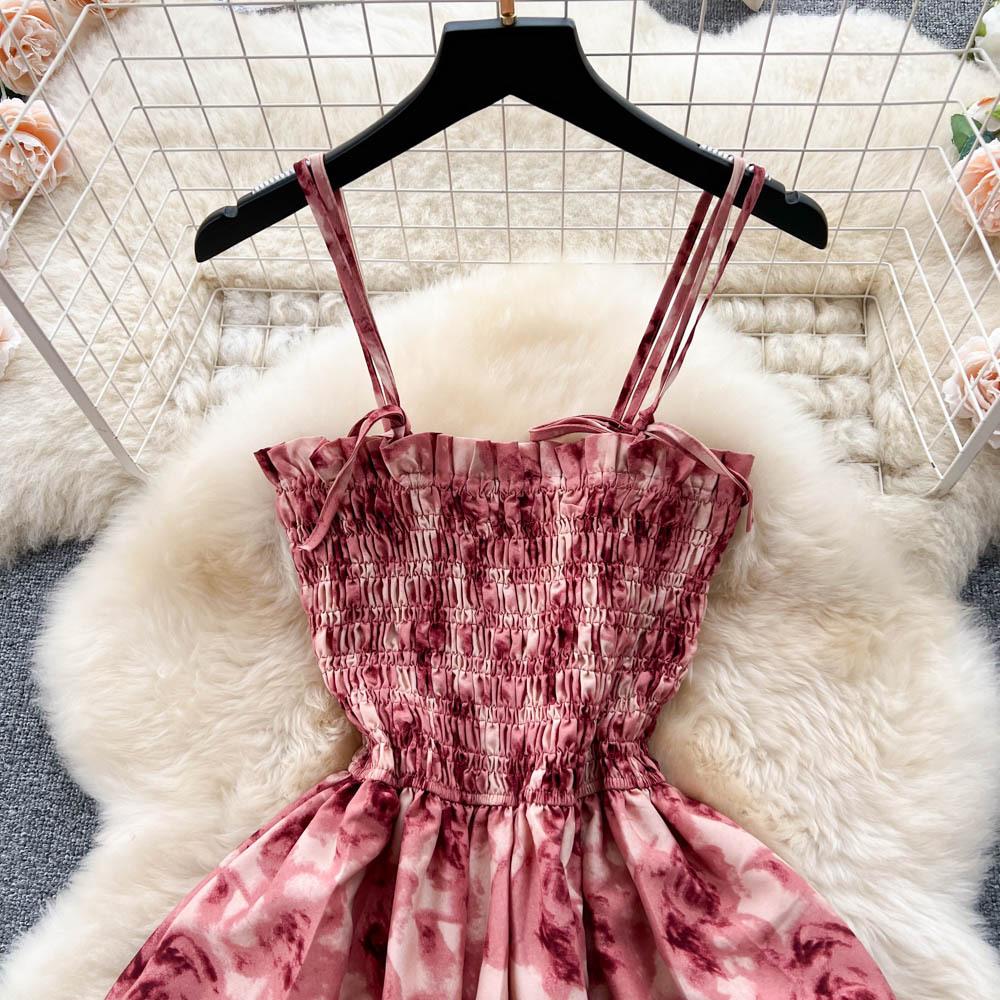 Koreansk stil for kvinner Rose Blomstertrykk Retro Festkjole Sommer Elastisk Høy midje Ferie Lang kjole Strand Vestido