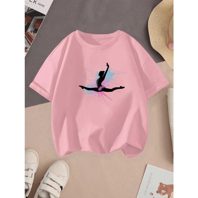 European Sizes Girls' Cotton T-Shirt with Ballet Dancer Graphic Print - Soft Stretch Round Neck Summer Casual Top
