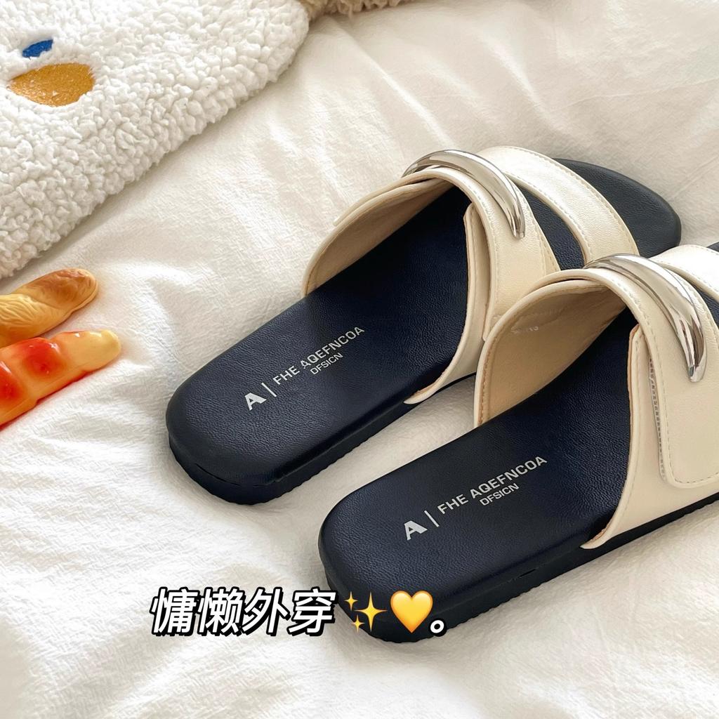 French Retro Silver One-word Drag Women Wear 2025 Summer New Lazy Soft Bottom Fairy Style with Skirt Sandals