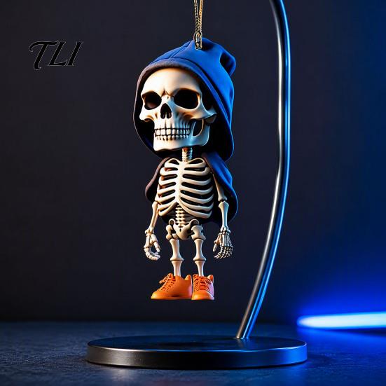 Trendy Hoodie Skeleton Ornament 2Pcs Ornaments, 2D Flat Acrylic Pendants, Gothic Lightweight Car Decor Style Hanging Ornaments for