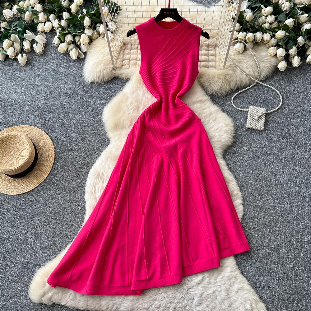 French light luxury sleeveless knitted irregular dress women's summer retro A-shaped skirt, thin temperament commuter dress