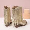 Women's Boots Tassels Square Heel Velvet Ankle Boot Sequin Fashion Women Silver Gold Pink Pointed Toe Mid-calf Boots Size 31-35