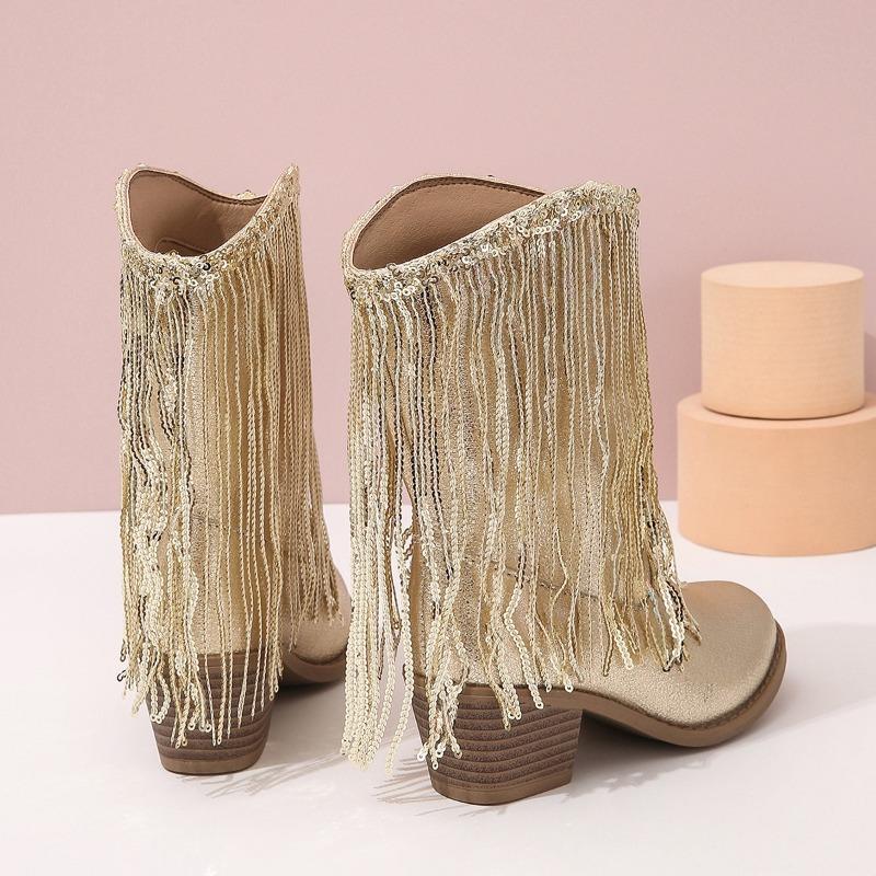 Women's Boots Tassels Square Heel Velvet Ankle Boot Sequin Fashion Women Silver Gold Pink Pointed Toe Mid-calf Boots Size 31-35