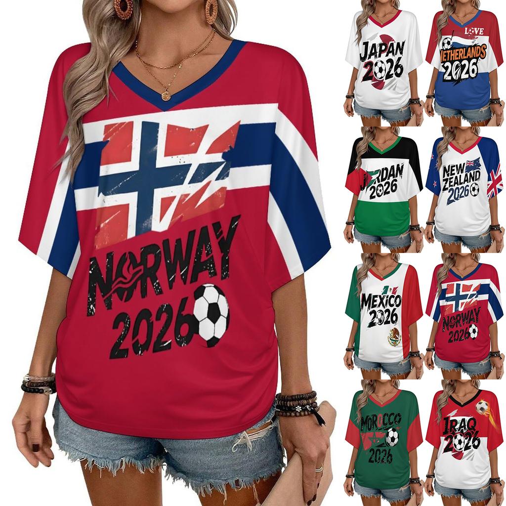 Womens Casual V Neck Short Sleeve Pullover T Shirt Soccer Supporter Top with Letter Print for National Team Events