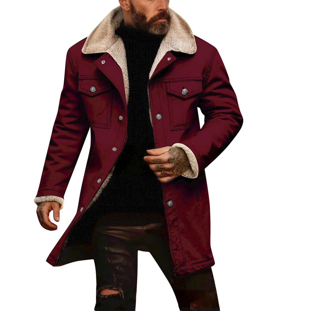 Men's Solid Color Button Pocket Work Wear Plus Leather Jacket Men's Casual Long Coat