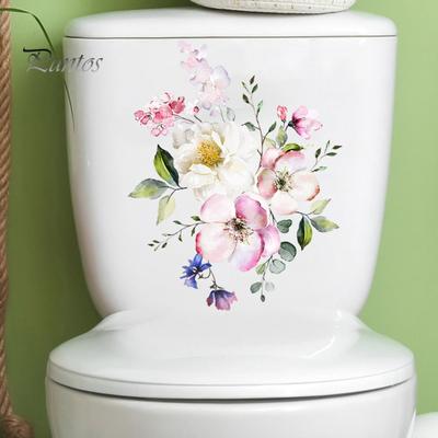 Toilet Lid Sticker Strong Stickiness PVC Waterproof Easy-peel Flower Theme Toilet Seat Decal Restroom Art Decoration