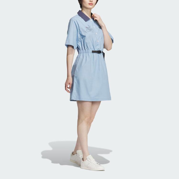 adidas Originals X Yu Nagaba Kollaboration Brief Handgezeichnetes Muster Besticktes Polo-Kleid mit Gürtel Damen Kleider Blau IS0626