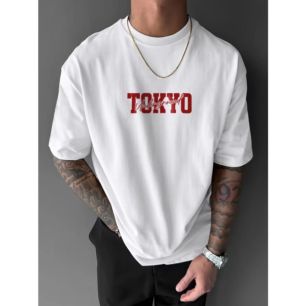 Men's Summer 100%  Fashionable Casual Loose Large Size Japanese Tokyo Pattern Printed Round Neck Short Sleeve T-shirt Top