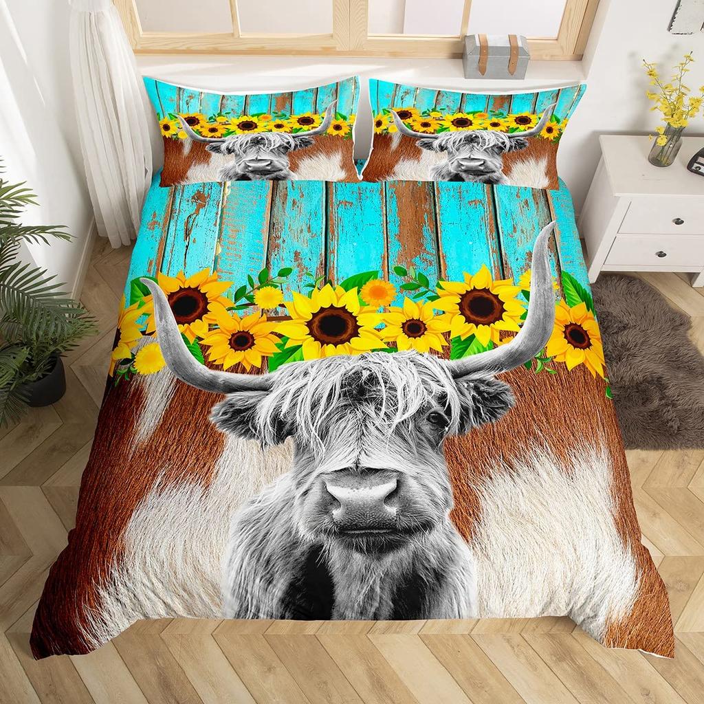Kuh Bettbezug Set Twin King Size Bauernhoftier Bettwäsche Set Grüner Rankenblätter Druck Bettdeckenbezug Rustikale Holzbrett Steppdecke