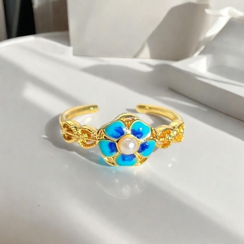 French Retro Enamel Dripping Open Ring, National Tide Texture Flower Niche Design Ring