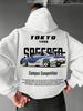 Męska bluza z kapturem w japońskim stylu wyścigowym Hip Hop Sports, Wzór z tyłu: Szkic sportowego samochodu JDM z Tokio 1998 i słowa wyścigowe, Miękka luźna bluza na co dzień