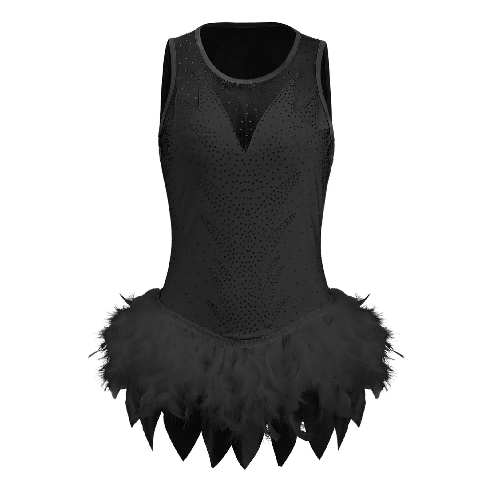 

Womens Gymnastics Rhinestones Bodysuit Fuzzy Feather Irregular Hem Sleeveless Buttoned Crotch Leotard XL чорний
