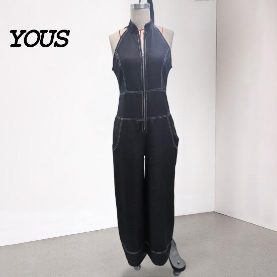 Polyester Jumpsuit Damen Ärmelloser Jumpsuit, Reißverschluss Stehkragen Weiter Bein Alle Größen Hosen Strampler, Lässige Sommer Einteiler Outfits mit Taschen