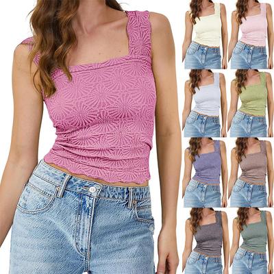 Women's Square Neck Wide Strap Crop Tank Tops Flower Going Out Tops Slim Fit Lettuce Trim Crop Cami Tops
