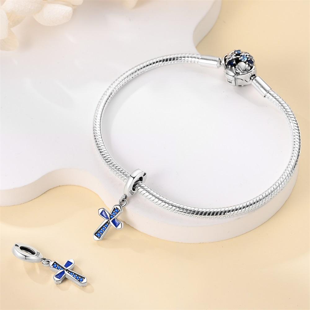 Authentic Original Copper Metal Charm Bead Components Luxury Blue Zircon Cross Bead Components Compatible With Bracelet High Quality Fine Jewelry Do