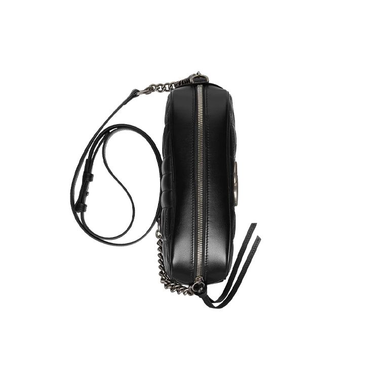 Gucci GG Marmont Series Logo Striped Chevron Quilted Leather Camera Bag Women Shoulder Bag Black 447632-UM8BN-1000