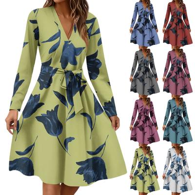 Women's Fashion Casual V-Neck Long Sleeve Waist Floral Print Midi Dress