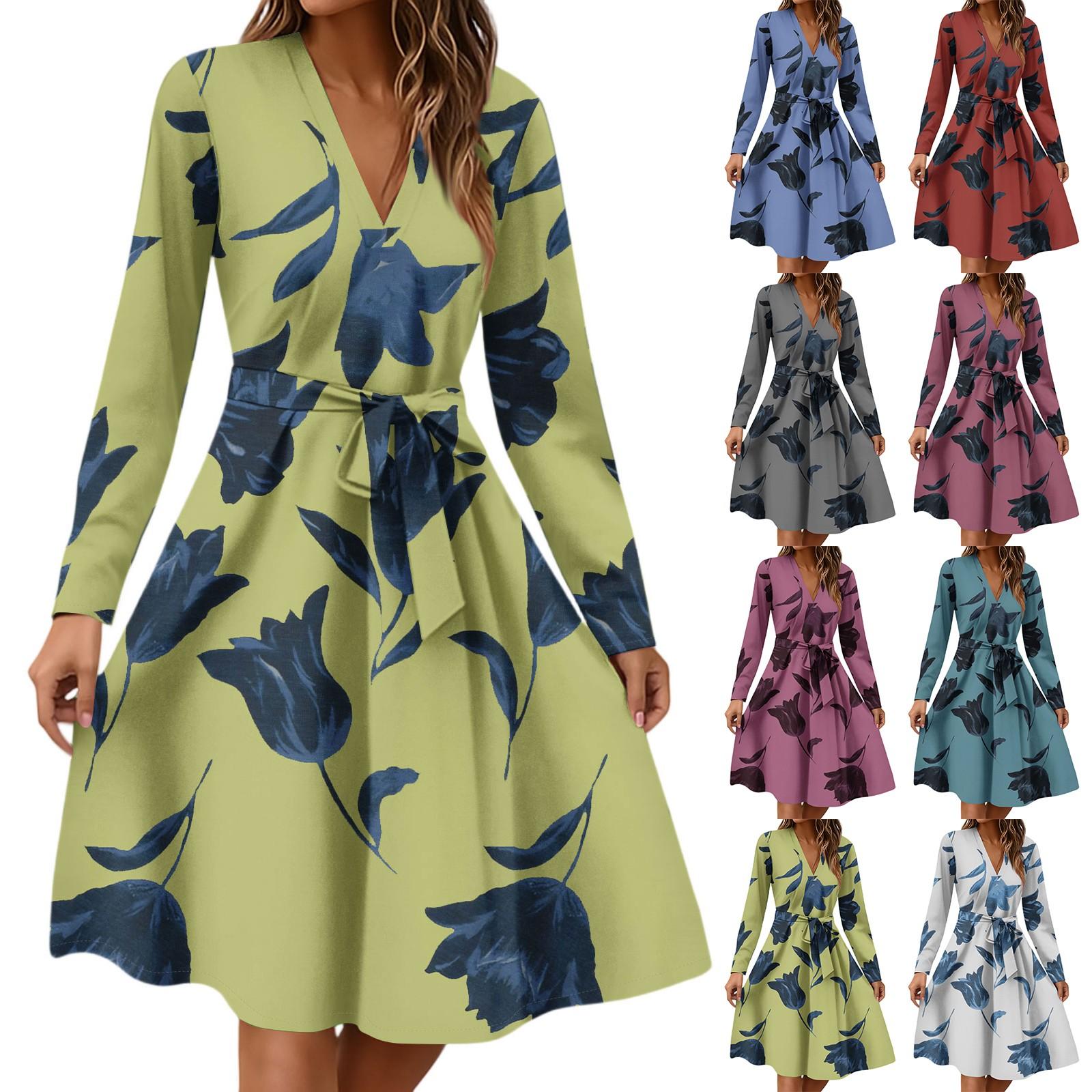 

Women s Fashion Casual V-Neck Long Sleeve Waist Floral Print Midi Dress XXL білий