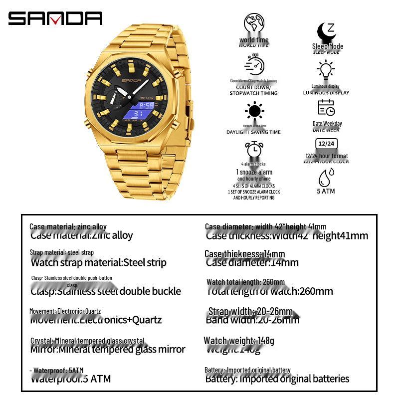 Sanda Men's Multifunctional Dual Display Watch with Countdown, Alarm, Daylight Saving, and Waterproof Features