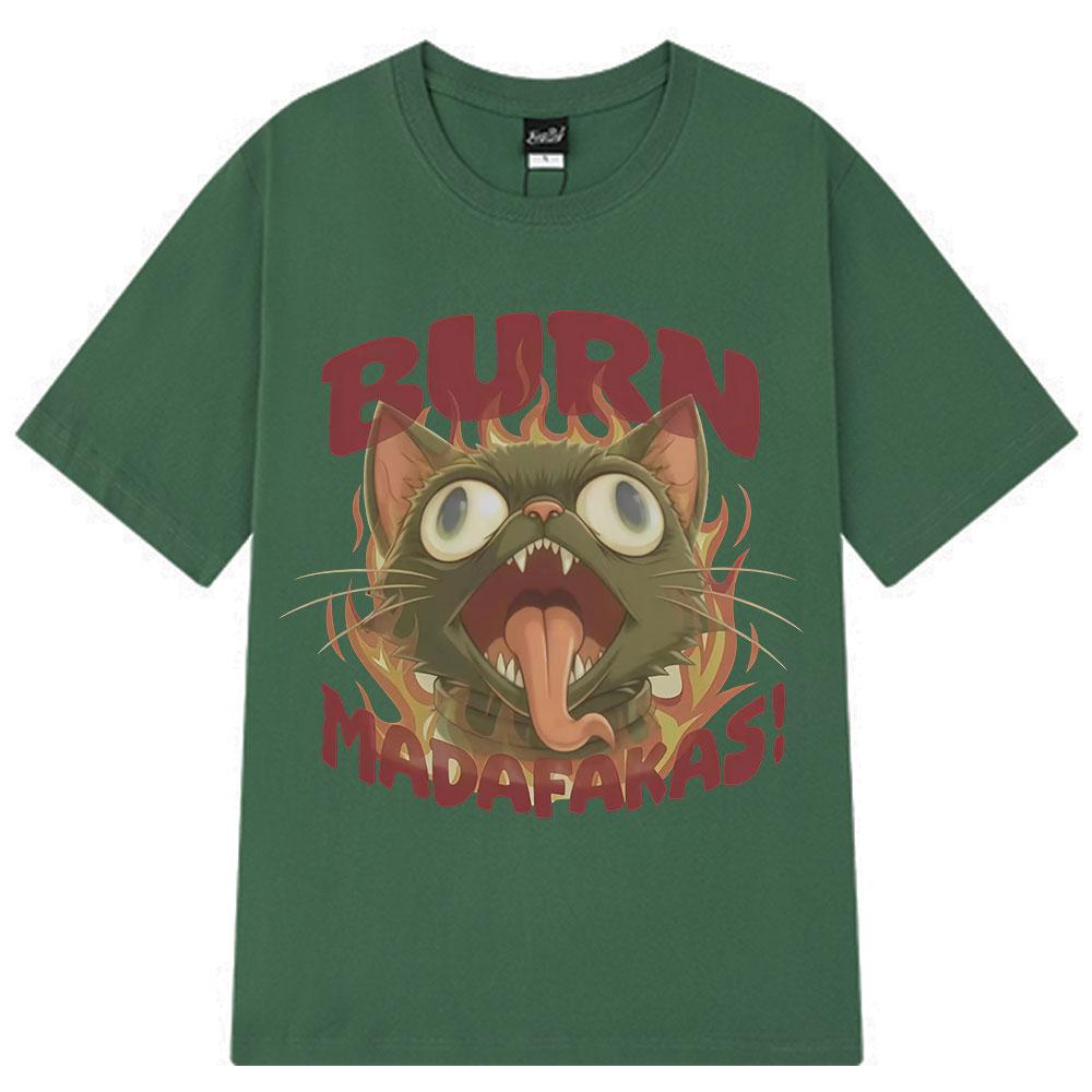 2025 Summer Burn Madafakas Funny Retro Design Cat Graphic Men Women Harajuku Short-sleeved Casual T-shirt Streetwear Y2k S