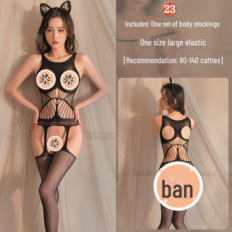 Erotic Black Mesh One-Piece Lingerie Set with Open Stockings - Tempting and Sexy
