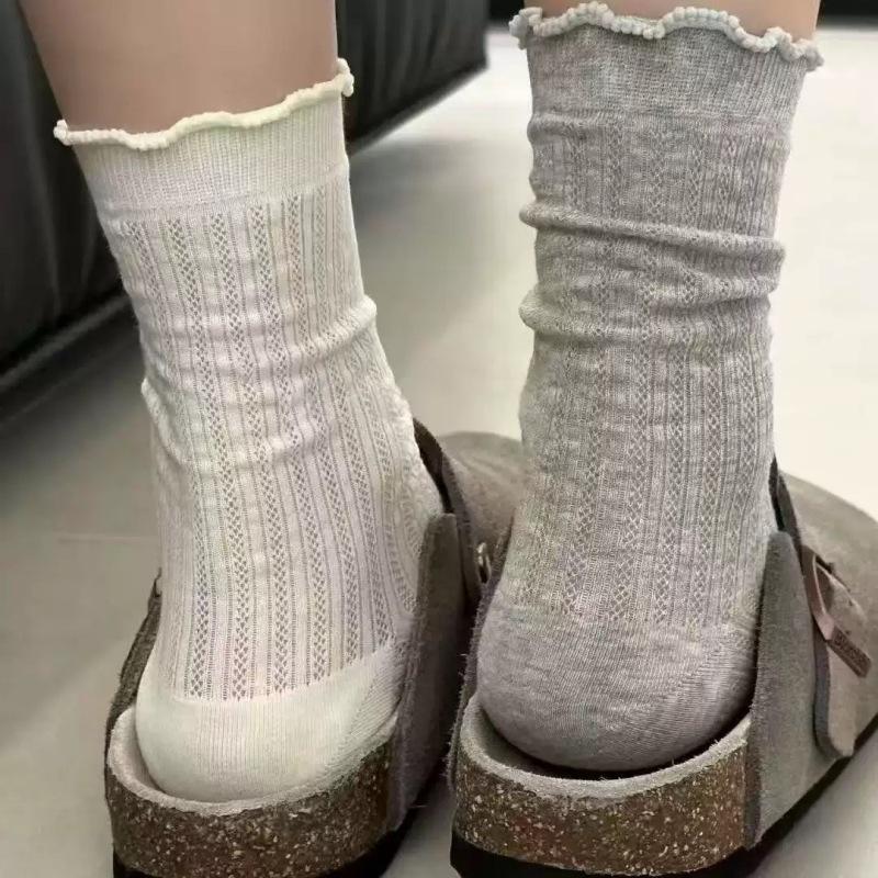 Ballet Style Stacked Socks Mid-Leg Socks Pure Cotton Summer Thin Hollow Mesh Lace Stockings With Small Sandals