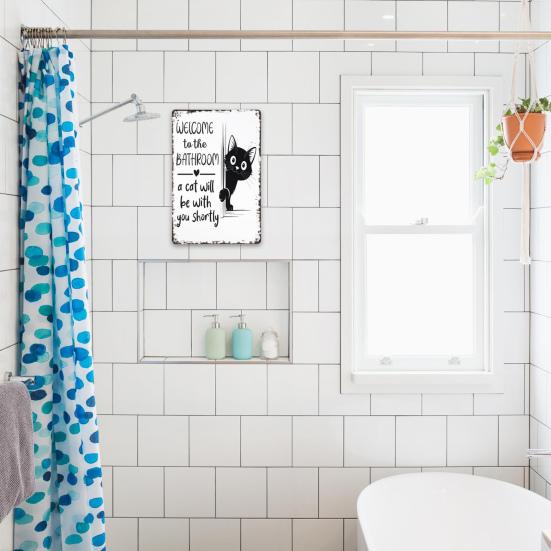Vintage Katze Badezimmerschild Willkommen im Badezimmer Eine Katze wird gleich bei Ihnen sein Lustiges Katze Metallschild für Toilette Badezimmer Wanddeko