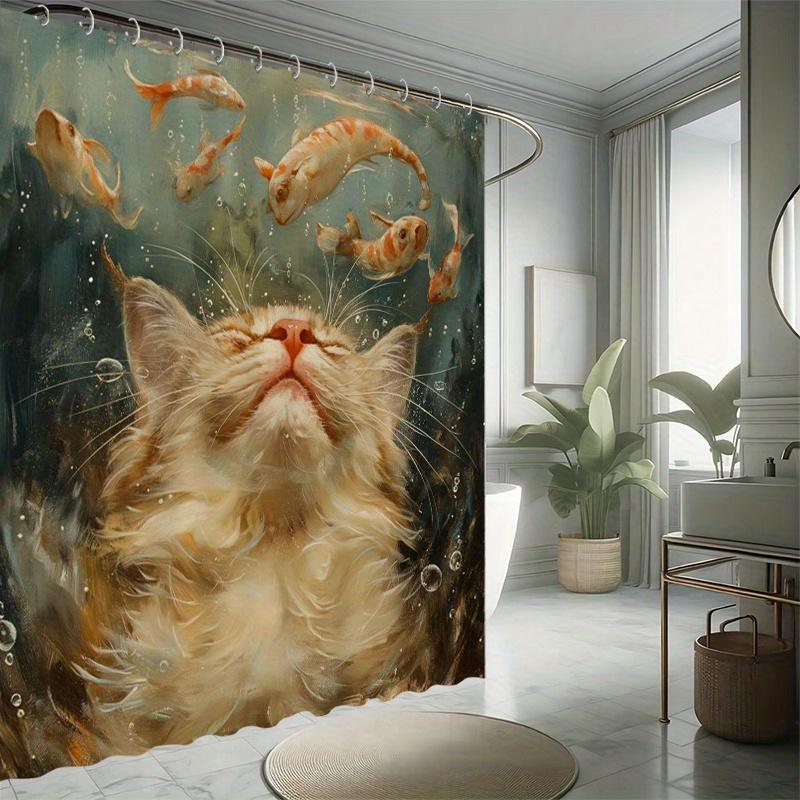 Whimsical Cat Shower Curtain Set, Floating Feline With Koi, Oil Painting Style, Waterproof Polyester, Modern Bathroom Decor
