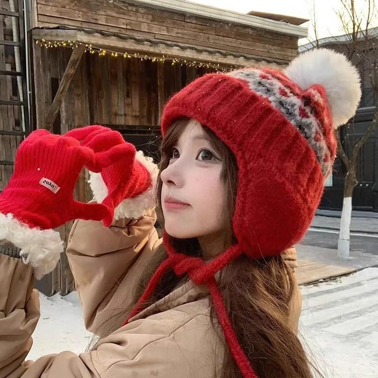 Fair Island wind wool hat women's autumn and winter retro versatile big head circumference warm knitted hat showing face small ear protection hat