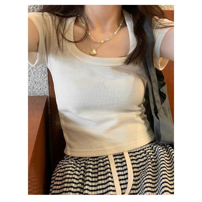 

Korean Style Waffle Short-Sleeve Women s Summer Casual Slimming Top S абрикосовый