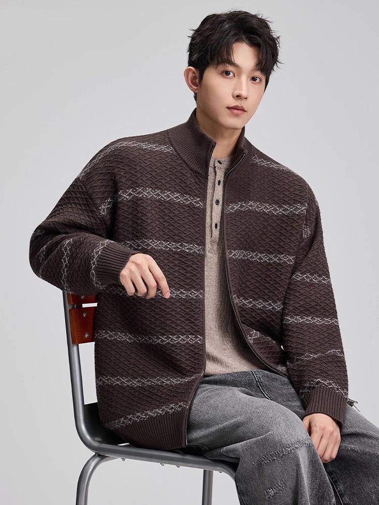Retro Striped Men's Stand-Up Collar Knit Cardigan Sweater - Autumn Casual Loose Fit
