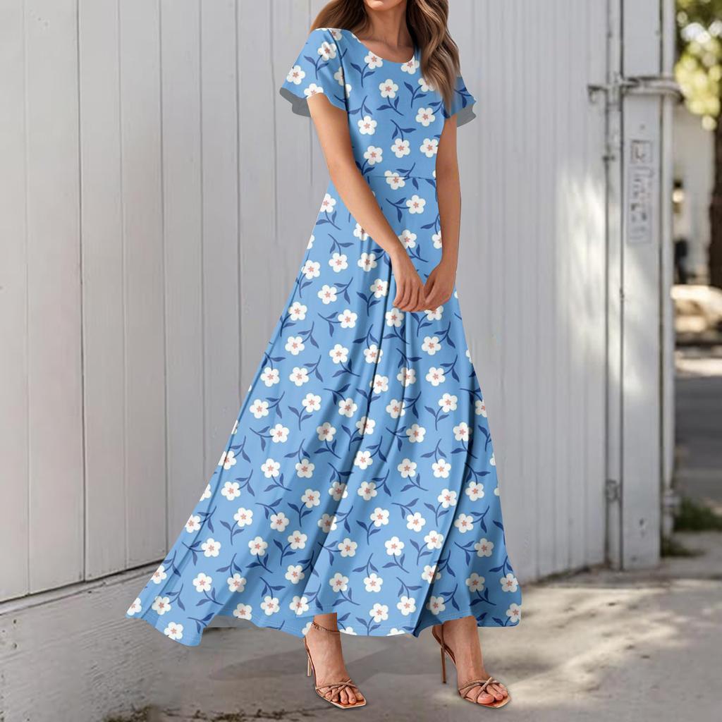 Damenkleid mit Hawaii-Print, lässig, Rundhalsausschnitt, kurzärmelig, hohe Taille