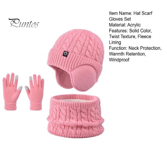 Girls Winter Warmth Set 3Pcs/Set Kids Hat Scarf Gloves Solid Color Twist Texture Fleece And Lining Earflap Touchscreen Neck Warmer Cold Weather