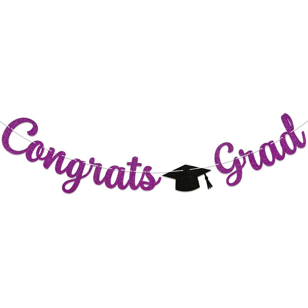 Pre-Strung Congrats Grad Banner - Black Glitter Graduation Party Banner with Cap, Congratulations Graduate Decor, High School College Graduation