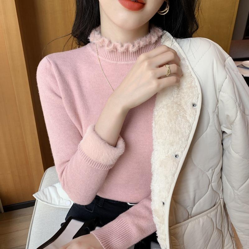 Solid Color Semi-turtleneck Integrated Imitation Mink Fleece Sweater Women's Soft Waxy Knitted Top Spring Fungus Edge Bottoming Shirt
