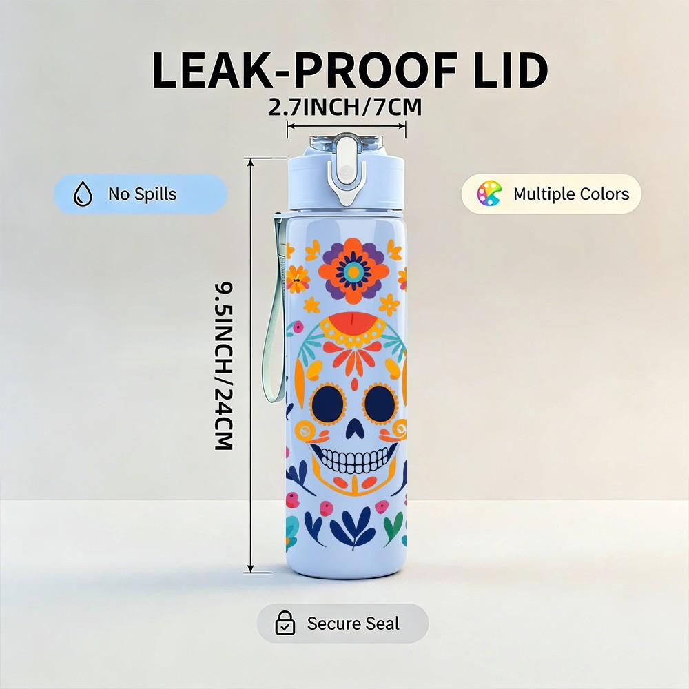 1PC Mexican Floral Skull Art 750ml Color Plastic Sports Water Bottle Leakproof Flip Straw Lid Suitable for Sports Office Home Use