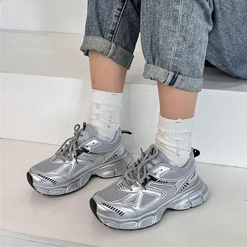 Women Causal Shoes Summer Brand Designer Wedges Silvery Sneakers Platform Trainers Shoes Female Outdoor Walking Vulcanized Shoes