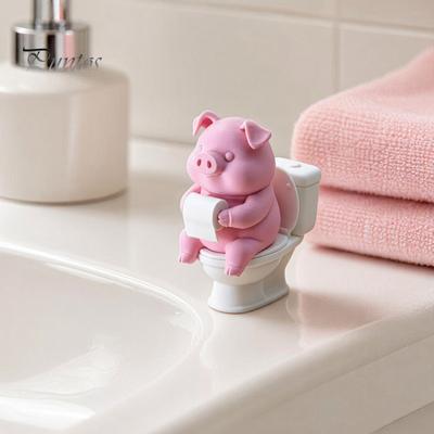 Cute Pig Bathroom Decor 3D Printed On Toilet Figurine, Funny Desk with Paper Non-slip Base Ornament Roll, Humorous Sculpture for Shelf Office