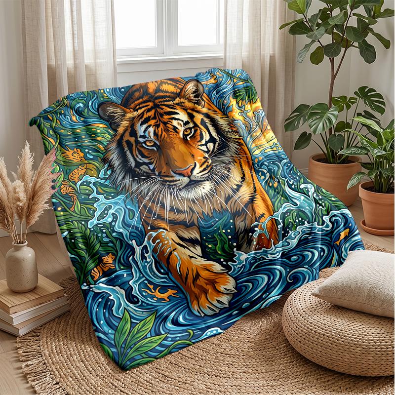 Tiger in Tropical Jungle Theme blanket Lightweight Warm Flannel Blanket Decorative Throw Blanket for Home Decoration