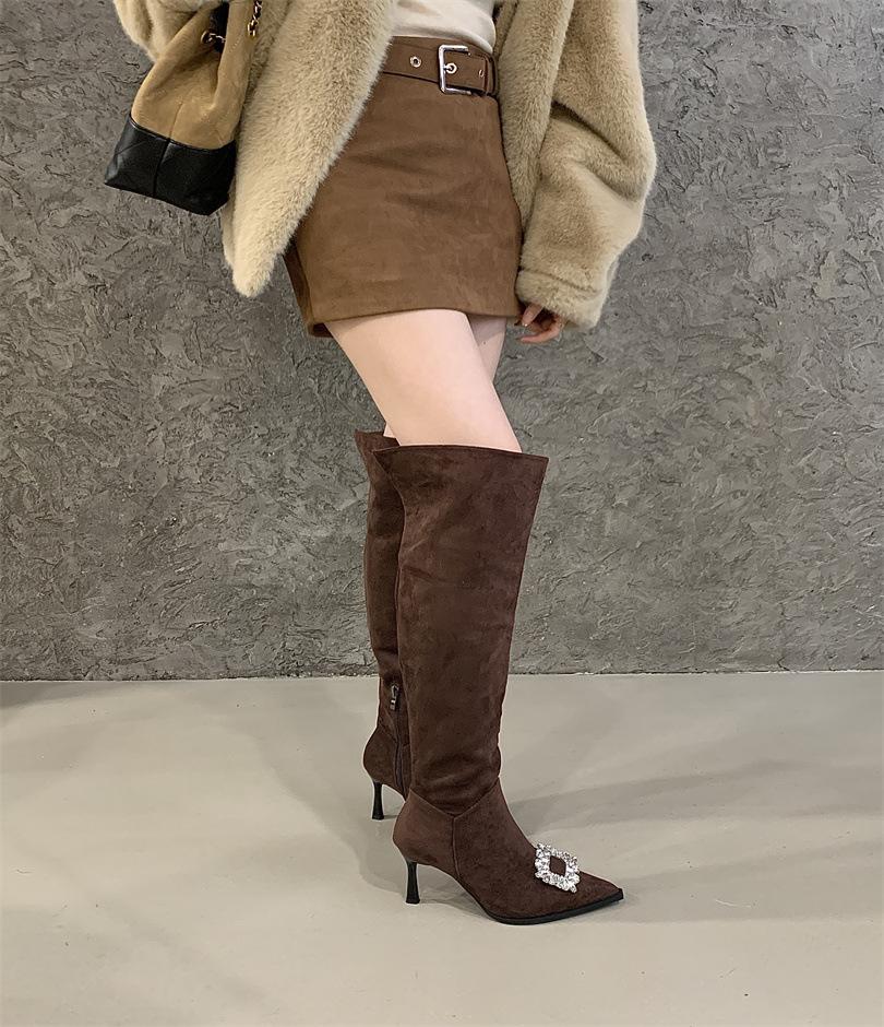 

2025 autumn new square buckle rhinestone boots women s thin heel high heel thin boots pointed elastic knee boots women s boots children 39 темно-коричневого