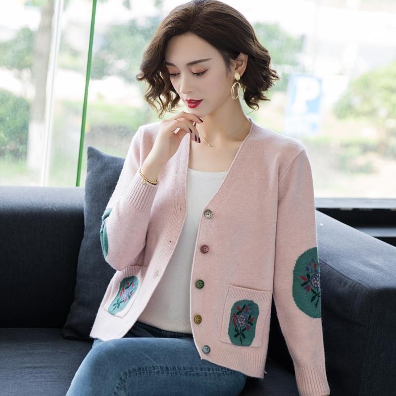 Spring Autumn Women's Knitted Cardigan Sweater Short Loose Thin V-Neck Knit Sweater Long Sleeve Printed Knitted Jacket Outwear