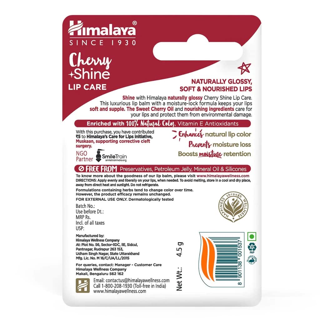 Himalaya Cherry Shine Lip Care 4.5g Natural Glossy Lip Balm With Sweet Cherry Oil For Soft Supple Lips
