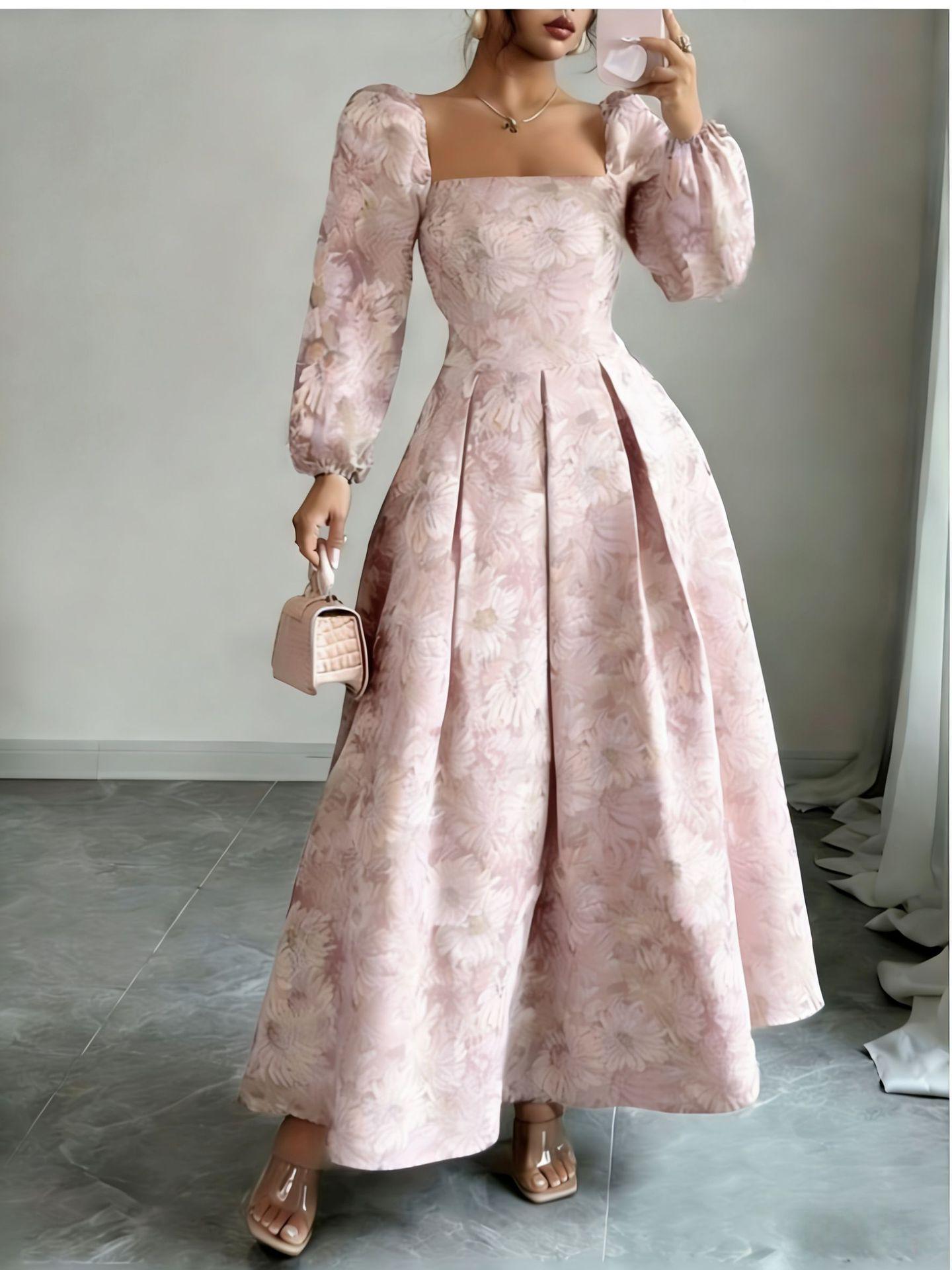 

European-American Blue Floral 3D Long Sleeve Square Neck Puff Sleeve High Waist Dress M