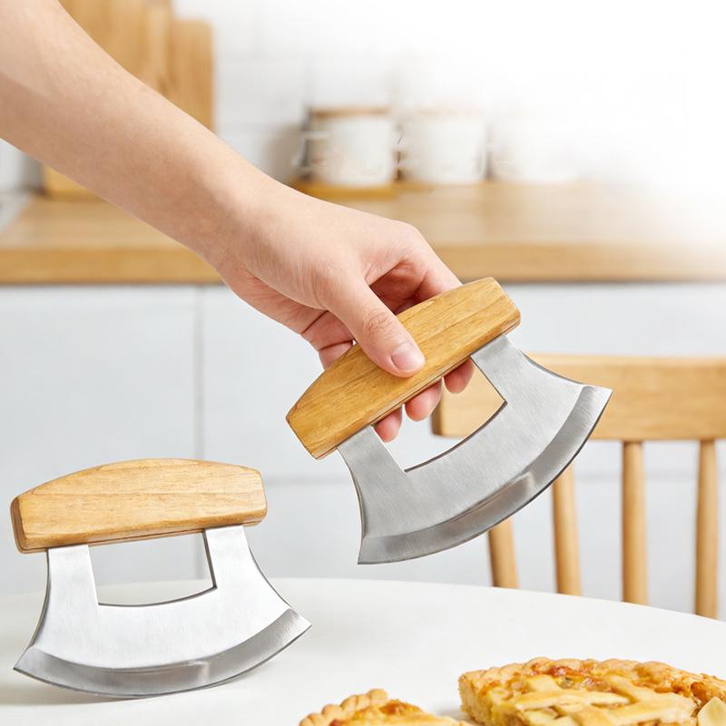 Wooden Handle Pizza Cutter Stainless Steel Pizza Slicing Food Chopper Herb Cheese Knife Cutter Ring for Precise Baking Tools