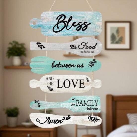 Bless The Food Before Us Kitchen Wall Decor Rustic Wooden Roped Hanging Sign Vintage Farmhouse Wall Art for Kitchen Dining Room